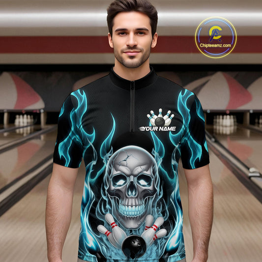 Custom Blue Fire Flame Skull Bowling Quarter-Zip Shirts For Men, Halloween Bowling Team Outfit IPHW9491