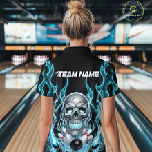 Load image into Gallery viewer, Custom Blue Fire Flame Skull Bowling Women Quarter-Zip Shirt, Halloween Bowling Outfit IPHW9491