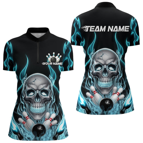 Custom Blue Fire Flame Skull Bowling Women Quarter-Zip Shirt, Halloween Bowling Outfit IPHW9491