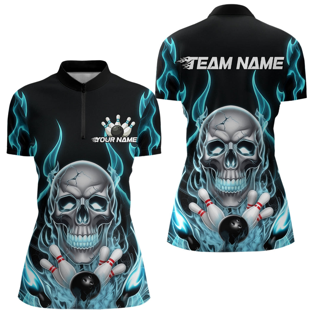 Custom Blue Fire Flame Skull Bowling Women Quarter-Zip Shirt, Halloween Bowling Outfit IPHW9491