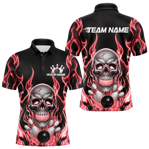 Custom Red Fire Flame Skull Bowling Polo Shirts For Men, Halloween Bowling Team Outfit IPHW9492