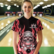 Load image into Gallery viewer, Custom Red Fire Flame Skull Bowling Women Quarter-Zip Shirt, Halloween Bowling Outfit IPHW9492