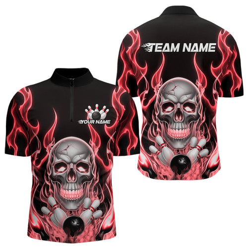 Custom Red Fire Flame Skull Bowling Quarter-Zip Shirts For Men, Halloween Bowling Team Outfit IPHW9492