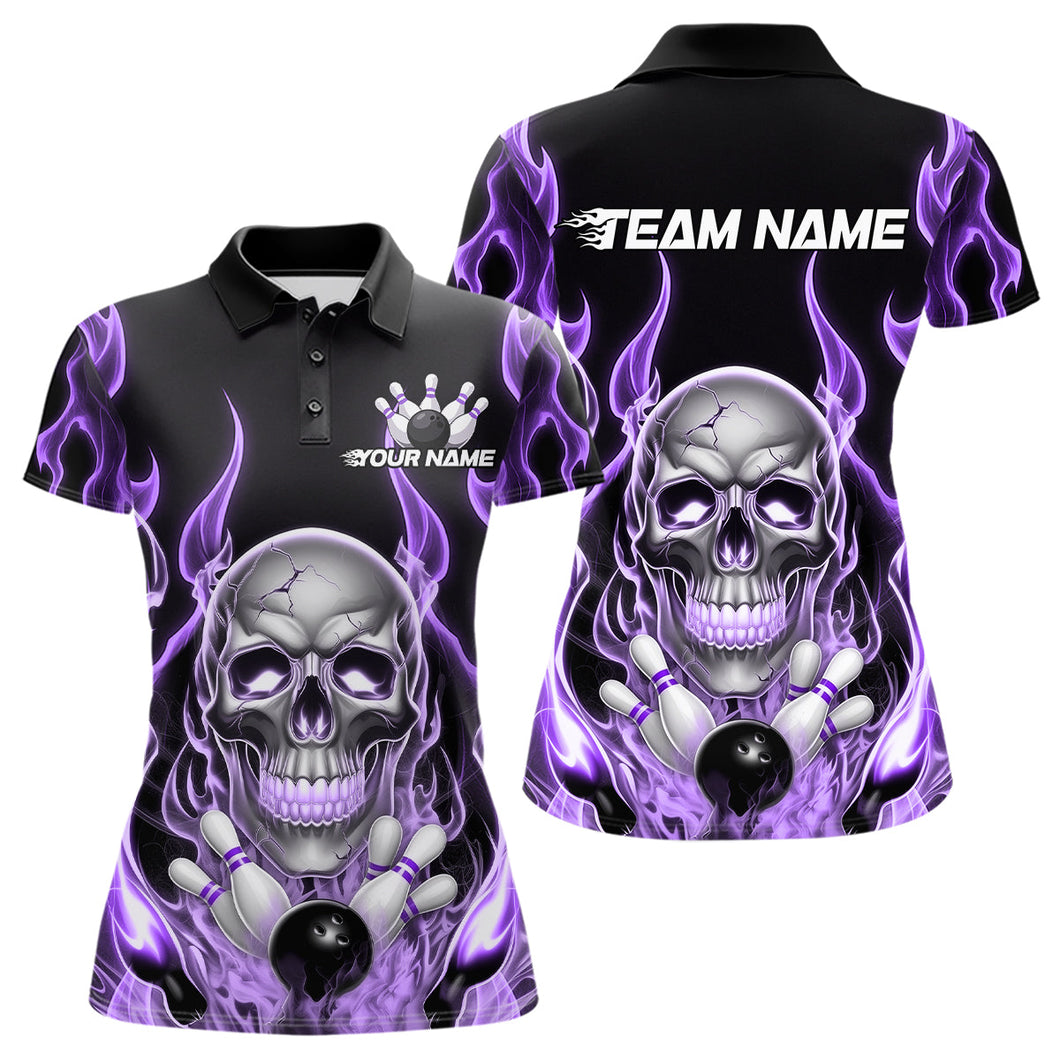 Custom Purple Fire Flame Skull Bowling Women Polo Shirt, Halloween Bowling Team Outfit IPHW9493