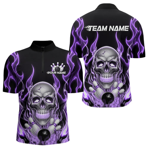 Custom Purple Fire Flame Skull Bowling Quarter-Zip Shirts For Men, Halloween Bowling Team Outfit IPHW9493