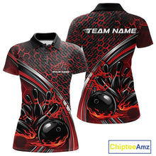 Load image into Gallery viewer, Custom Red Flame Bowling Women Polo Team Shirt, Hexagon Pattern Bowling Jerseys IPHW11310