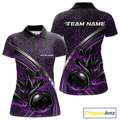 Front and back view of a womens bowling polo shirt mockup in black and purple, featuring honeycomb pattern with a flaming bowling ball striking pins.