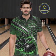 Load image into Gallery viewer, Custom Green Flame Bowling Men Polo Team Shirt, Hexagon Pattern Bowling Jerseys IPHW11312