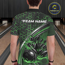 Load image into Gallery viewer, Custom Green Flame Bowling Men Polo Team Shirt, Hexagon Pattern Bowling Jerseys IPHW11312
