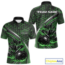 Load image into Gallery viewer, Custom Green Flame Bowling Men Polo Team Shirt, Hexagon Pattern Bowling Jerseys IPHW11312