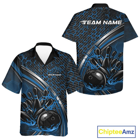 Front and back view of a button-up bowling shirt mockup in black and blue, featuring honeycomb pattern with a flaming bowling ball hitting pins.
