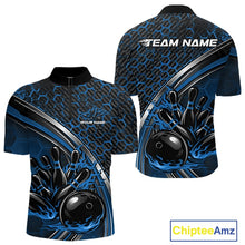 Load image into Gallery viewer, Custom Blue Flame Bowling Men Quarter-Zip Team Shirt, Hexagon Pattern Bowling Jerseys IPHW11313