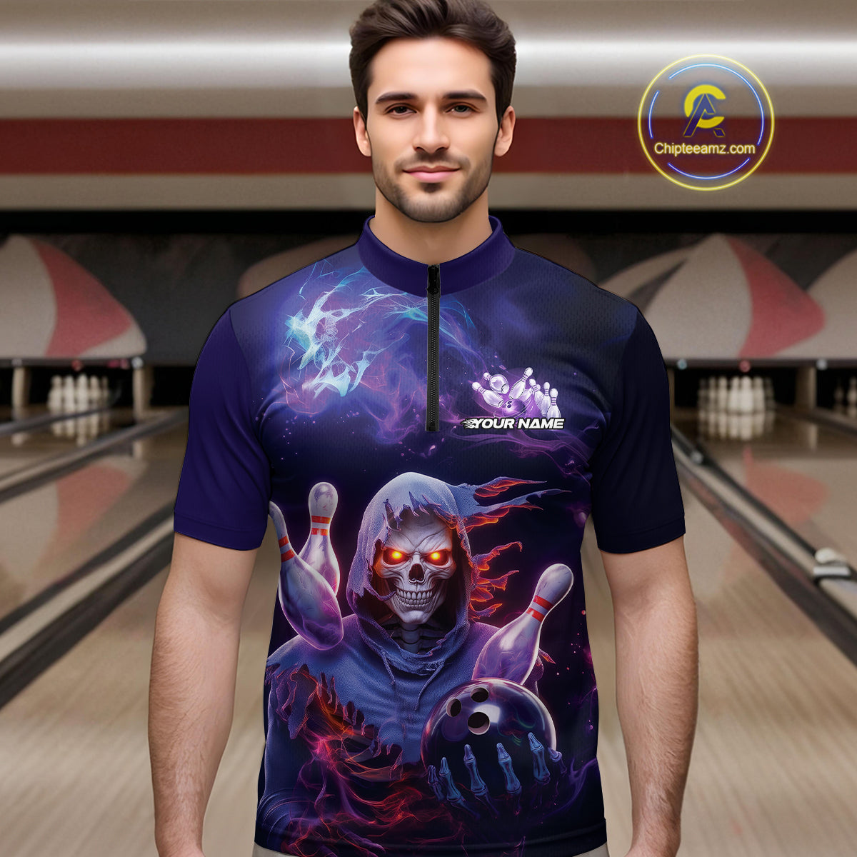 Custom Red And Purple Smoke Flame Grim Reaper Bowling Men Quarter-Zip Shirt, Halloween Outfit IPHW9895