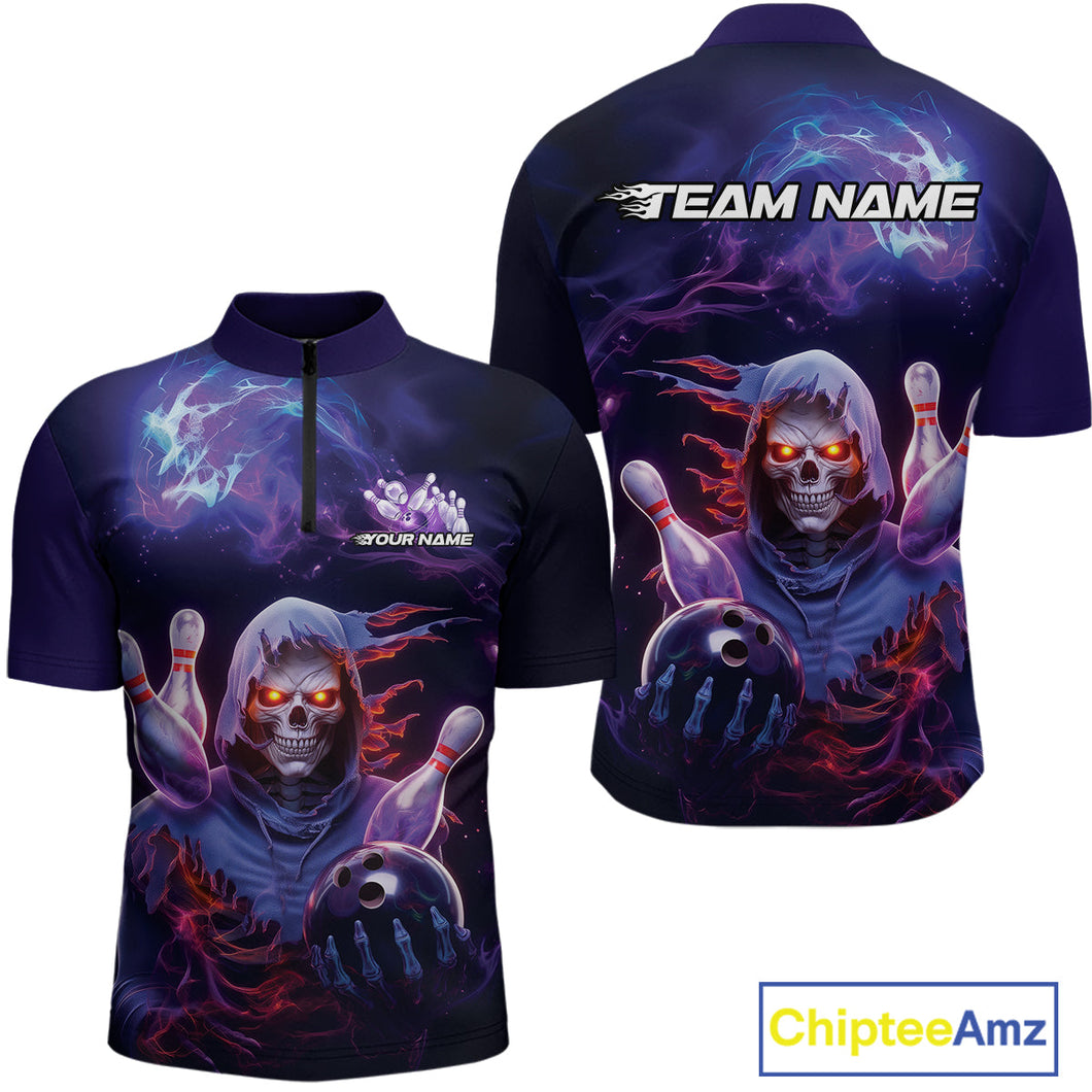 Custom Red And Purple Smoke Flame Grim Reaper Bowling Men Quarter-Zip Shirt, Halloween Outfit IPHW9895