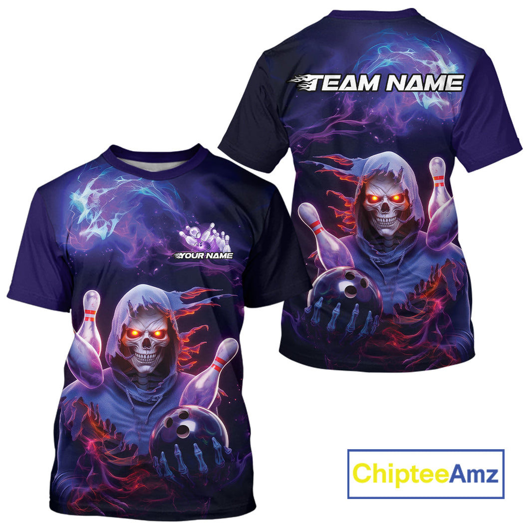 Custom Red And Purple Smoke Flame Grim Reaper Bowling Men T-Shirts Shirt, Halloween Outfit IPHW9895