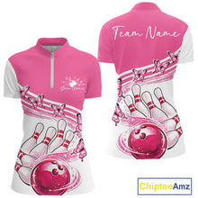 Load image into Gallery viewer, Front and back mockup of a womens white and pink bowling quarter zip showcasing butterfly graphics and bowling-themed artwork
