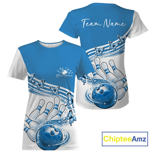 Womens white and blue crewneck bowling T-shirt mockup shown front and back with butterfly artwork and bowling-themed graphics