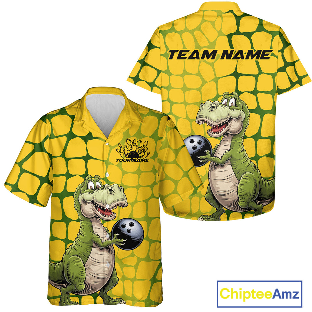 Custom Funny Yellow Dinosaur Bowling Team Men And Women Hawaiian Shirt, Bowling Tournament Team Shirt IPHW9929
