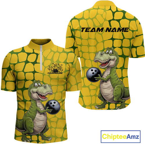 Custom Funny Yellow Dinosaur Bowling Team Men Quarter-Zip Shirt, Bowling Tournament Team Shirt IPHW9929