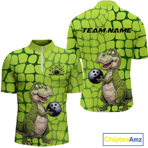 Custom Funny Green Dinosaur Bowling Team Men Quarter-Zip Shirt, Bowling Tournament Team Shirt IPHW9930