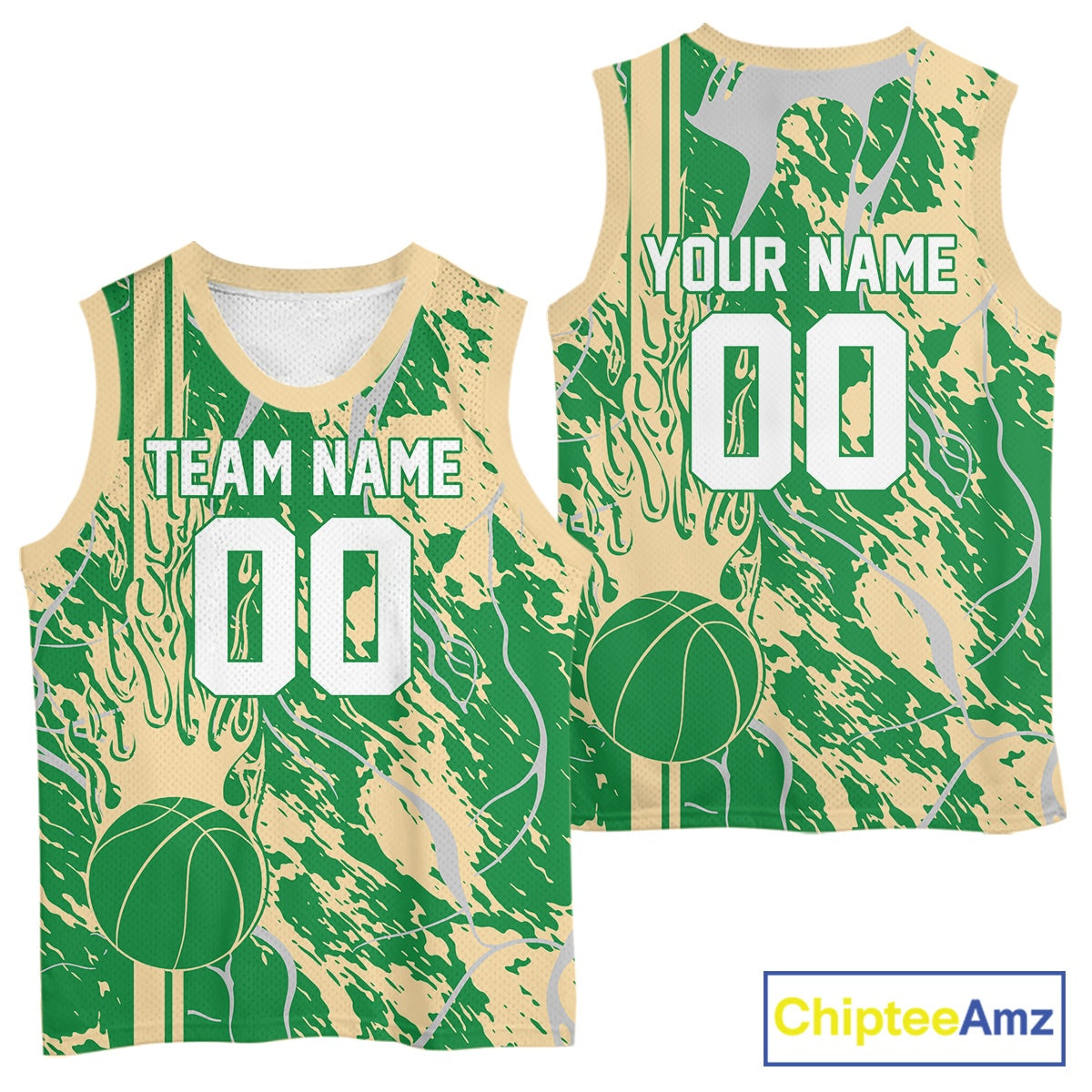 Custom Green And Cream Flame Basketball Jerseys With Name And Number, Basketball Team Uniform IPHW10528