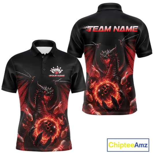 Front and back views of a black short-sleeve polo shirt featuring a red and black dragon graphic print, with customizable text placeholders 'TEAM NAME' and 'YOUR NAME' on the chest and back. 