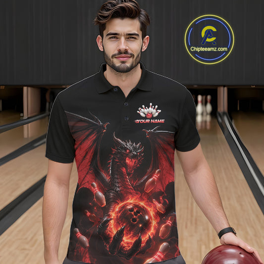 A man wearing a black short-sleeve polo shirt with a large red and black dragon graphic