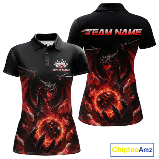 Black short-sleeve polo shirt with a fiery red and orange dragon graphic, shown in front and back views. The front features a small custom logo area on the left chest, and the back displays a large 'TEAM NAME' text across the shoulders.