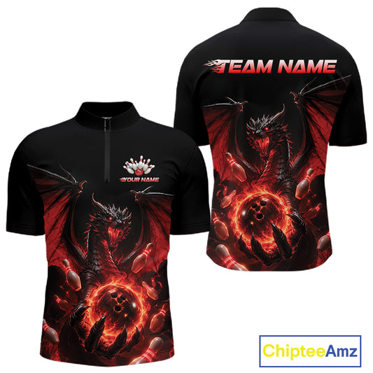 Custom short-sleeve quarter zip shirt  shown from the front and back on a white background. The jersey is black with a red and orange fiery dragon graphic, customizable text 'TEAM NAME' on the back, and 'YOUR NAME' 