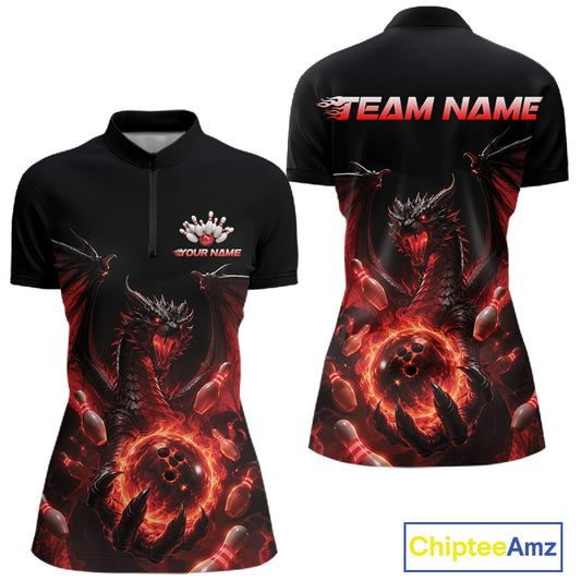 Black short-sleeve quarter zip shirt shown from the front and back, featuring a fiery red and orange dragon graphic with bowling pins, plus customizable text areas on the chest and back. A ChipteeAmz logo appears in the bottom right corner.