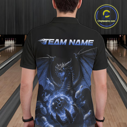 Custom Blue Dragon Flame Bowling Team Men Polo Shirt, Bowling League Shirt IPHW11668