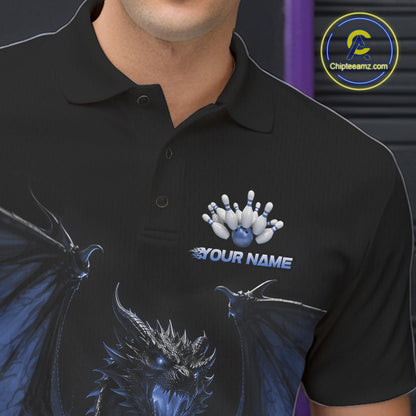 Custom Blue Dragon Flame Bowling Team Men Polo Shirt, Bowling League Shirt IPHW11668