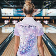 Load image into Gallery viewer, Back view of a female model in a bowling polo showcasing pastel purple and pink holographic butterfly artwork and bowling graphics