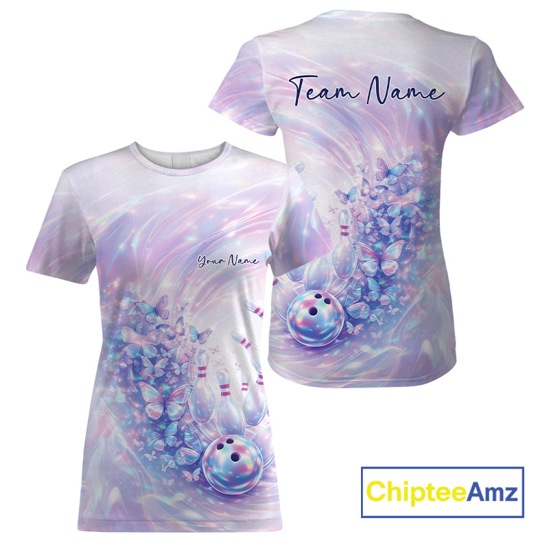 Front and back mockup of a womens crewneck bowling T-shirt featuring pastel purple and pink holographic butterflies and bowling graphics