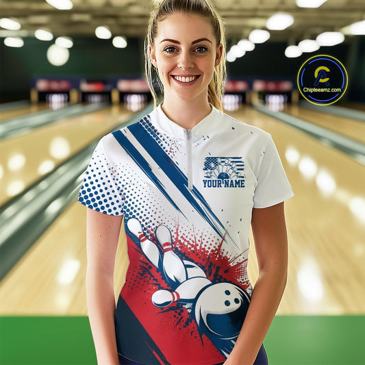 Custom Red, White And Blue Patriotic US Flag Bowling Women Quarter-Zip Team Shirt Uniform IPHW9542