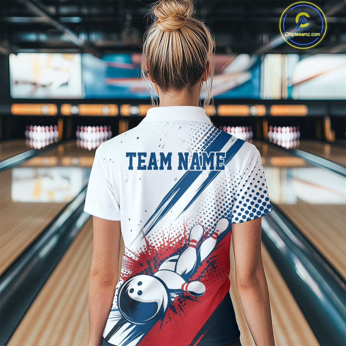 Custom Red, White And Blue Patriotic US Flag Bowling Women Quarter-Zip Team Shirt Uniform IPHW9542