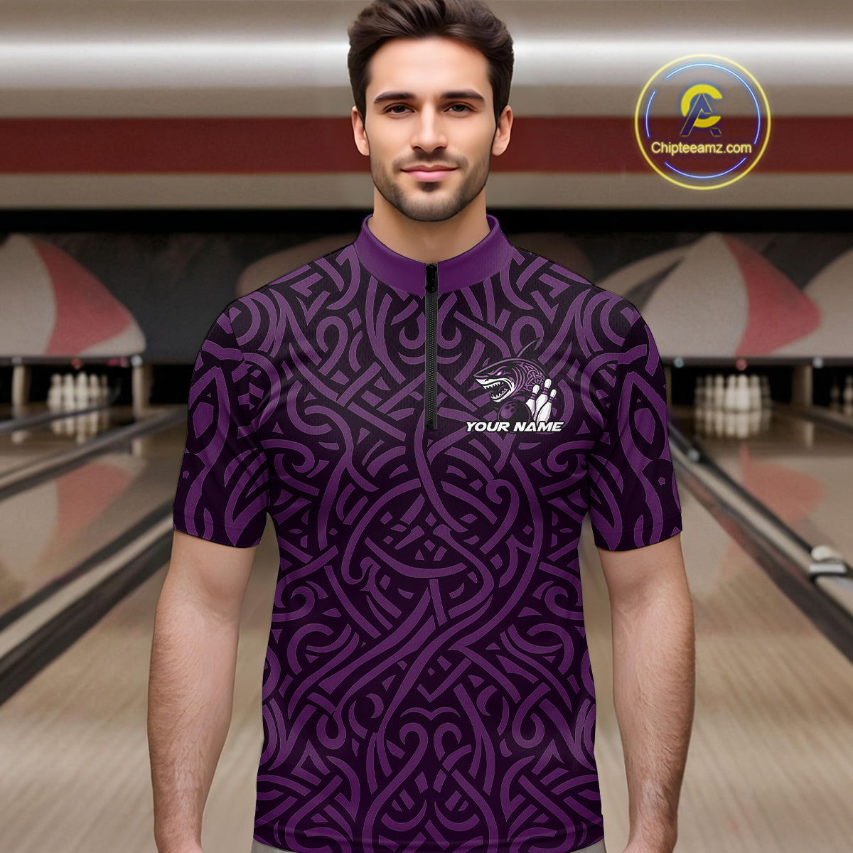 Custom Purple Tribal Shark Bowling Team Men Quarter-Zip Shirt, Shark Bowling Tournament Shirt IPHW10178