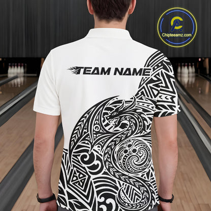 Custom Black And White Tribal Dragon Men Bowling Polo Shirt, Polynesian Bowling Shirt IPHW10340