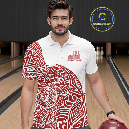 Custom Red And White Tribal Dragon Men Bowling Polo Shirt, Polynesian Bowling Shirt IPHW10341