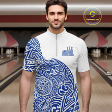 Load image into Gallery viewer, Custom Blue And White Tribal Dragon Men Bowling Quarter-Zip Shirt, Polynesian Bowling Shirt IPHW10342