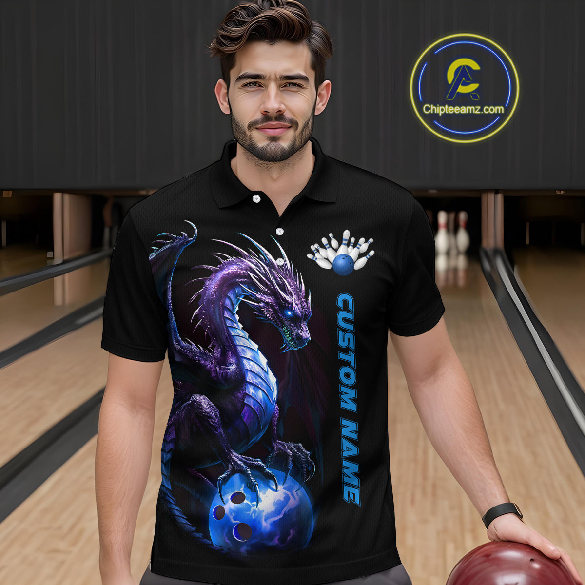 Personalized Blue Dragon Bowling Team Jerseys Men Polo Shirts Bowling League Shirts IPHW5353