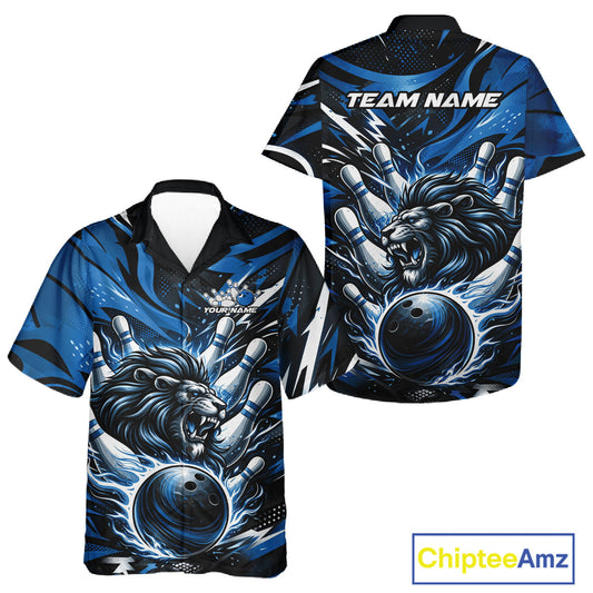 Custom Deep Blue Flame Bowling Ball Lion Bowling Jerseys, Lion Men And Women Hawaiian Bowling Shirt IPHW10349