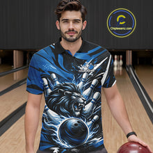 Load image into Gallery viewer, Custom Deep Blue Flame Bowling Ball Lion Bowling Jerseys, Lion Men Polo Bowling Shirt IPHW10349