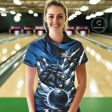 Load image into Gallery viewer, Custom Deep Blue Flame Bowling Ball Lion Bowling Jerseys, Lion Women Polo Bowling Shirt IPHW10349