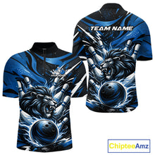 Load image into Gallery viewer, Custom Deep Blue Flame Bowling Ball Lion Bowling Jerseys, Lion Men Quarter-Zip Bowling Shirt IPHW10349