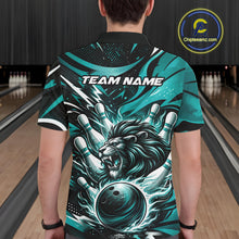 Load image into Gallery viewer, Custom Turquoise Blue Flame Bowling Ball Lion Bowling Jerseys, Lion Men Polo Bowling Shirt IPHW10350