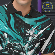 Load image into Gallery viewer, Custom Turquoise Blue Flame Bowling Ball Lion Bowling Jerseys, Lion Men Polo Bowling Shirt IPHW10350