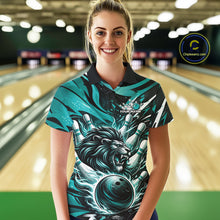 Load image into Gallery viewer, Custom Turquoise Blue Flame Bowling Ball Lion Bowling Jerseys, Lion Women Polo Bowling Shirt IPHW10350