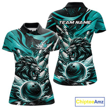 Load image into Gallery viewer, Custom Turquoise Blue Flame Bowling Ball Lion Bowling Jerseys, Lion Women Polo Bowling Shirt IPHW10350