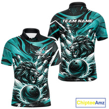 Load image into Gallery viewer, Custom Turquoise Blue Flame Bowling Ball Lion Bowling Jerseys, Lion Men Polo Bowling Shirt IPHW10350